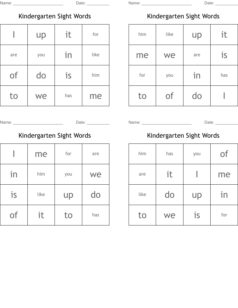 Kindergarten Sight Words Bingo Cards