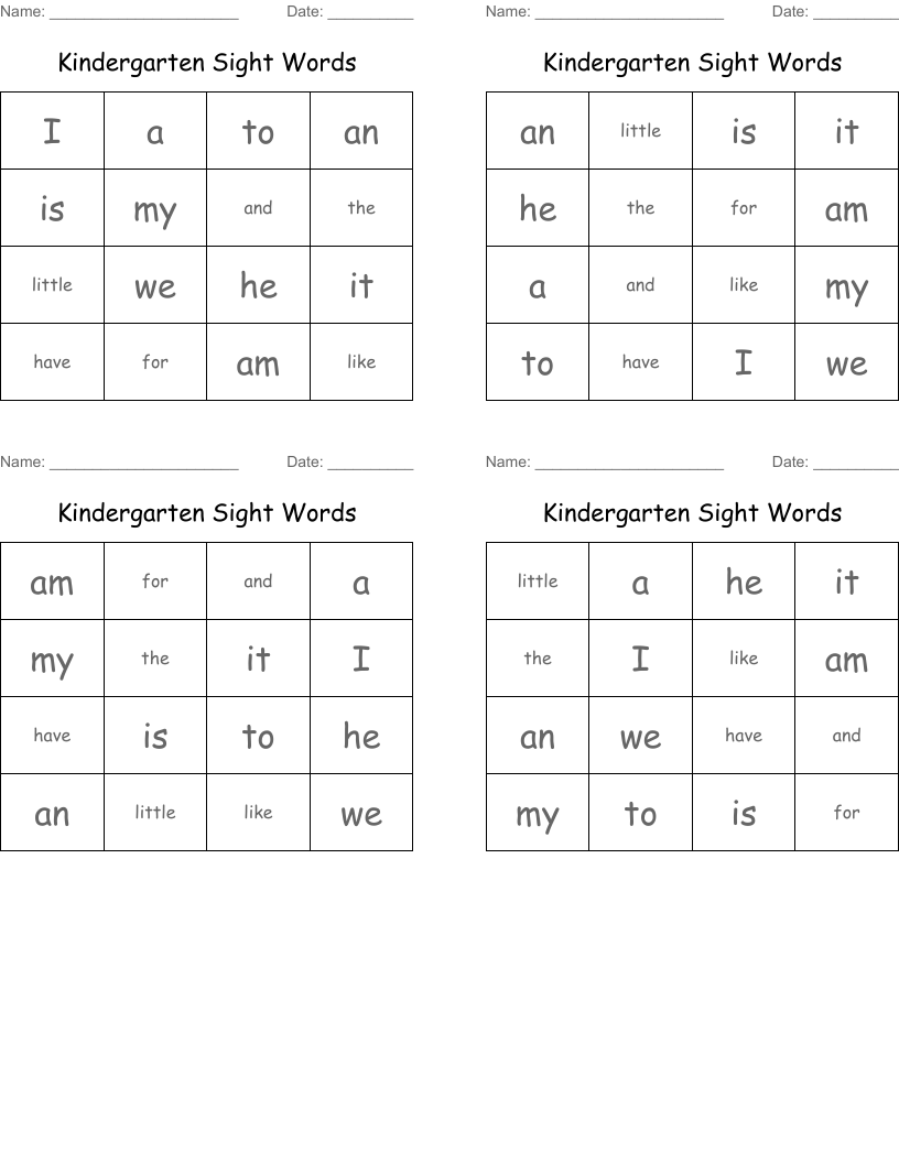 Kindergarten Sight Words Bingo Cards