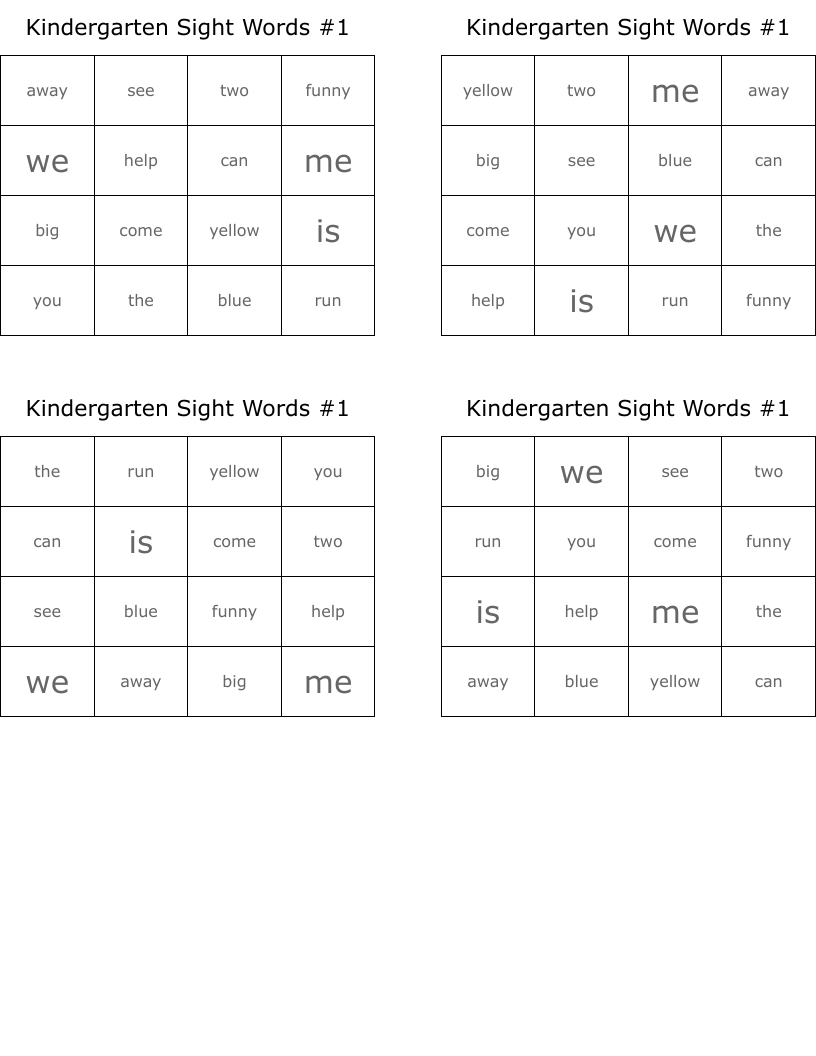 Kindergarten Sight Words #1 Bingo Cards
