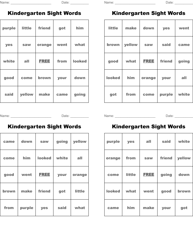 Kindergarten Sight Words Bingo Cards