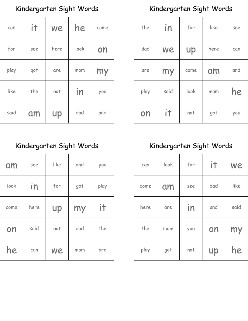 Kindergarten Sight Words Bingo Cards