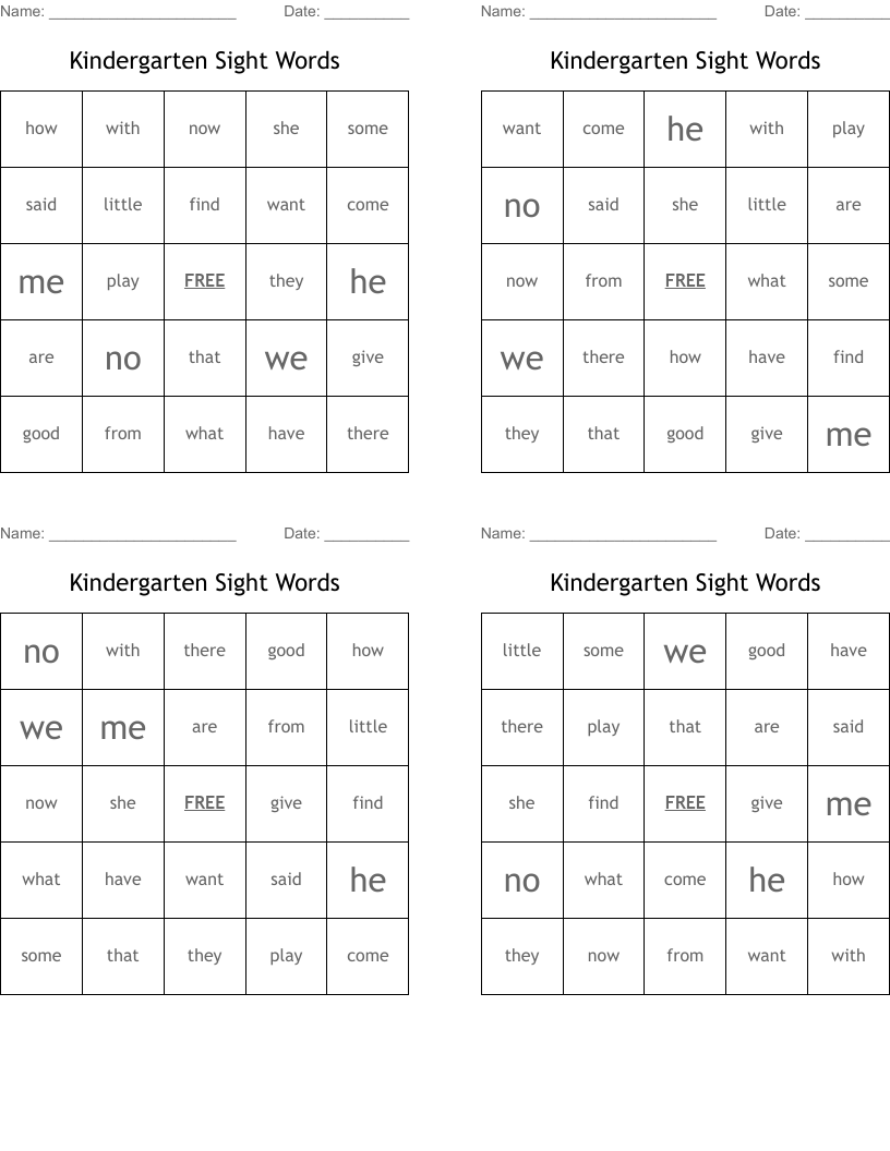 Kindergarten Sight Words Bingo Cards