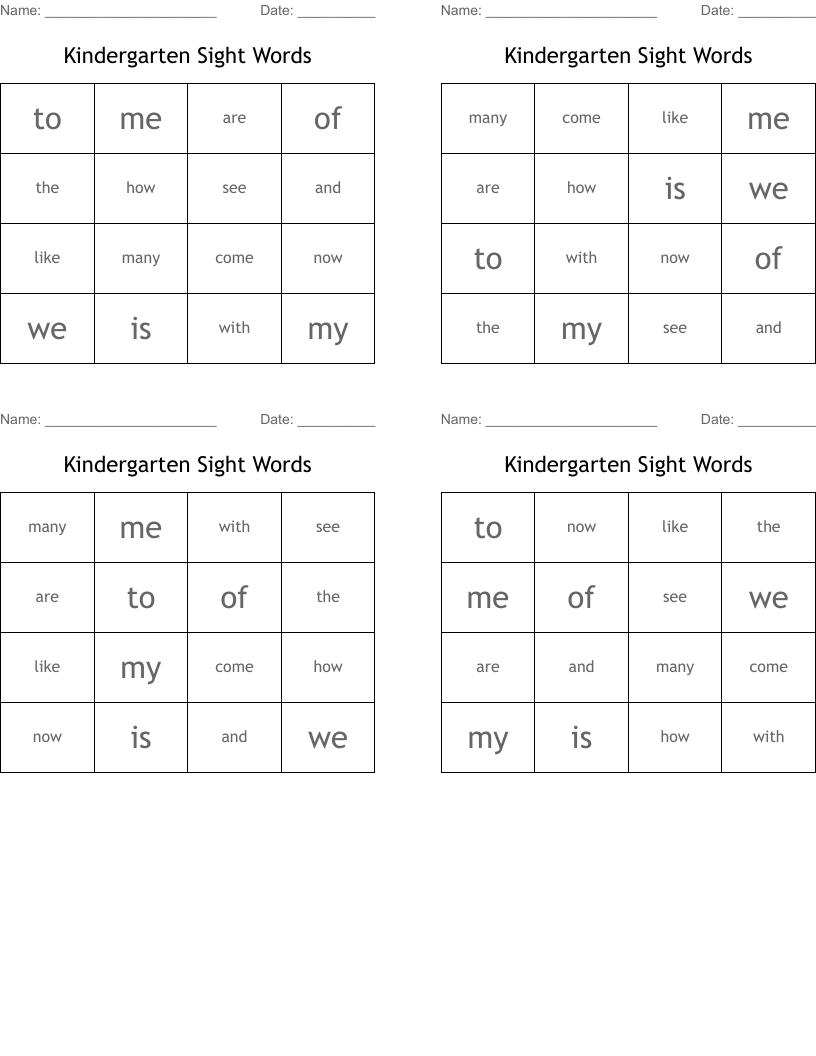 Kindergarten Sight Words Bingo Cards