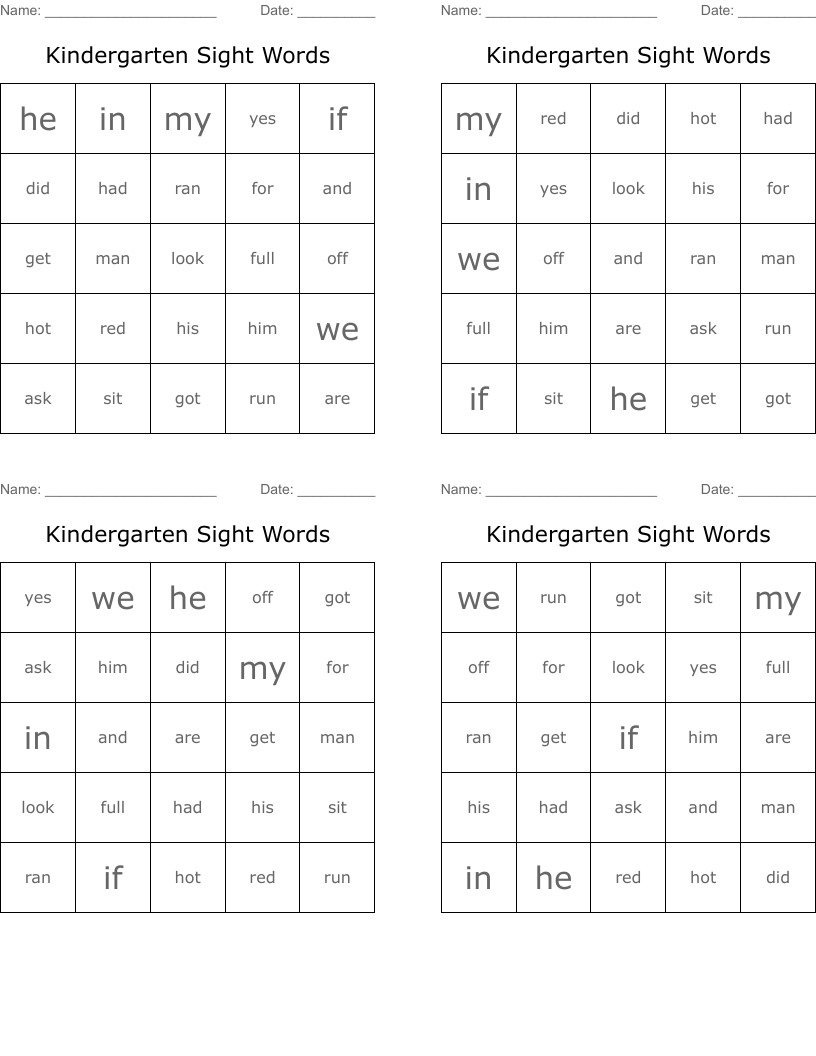 Kindergarten Sight Words Bingo Cards
