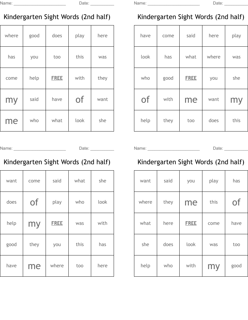 Kindergarten Sight Words (2nd half) Bingo Cards