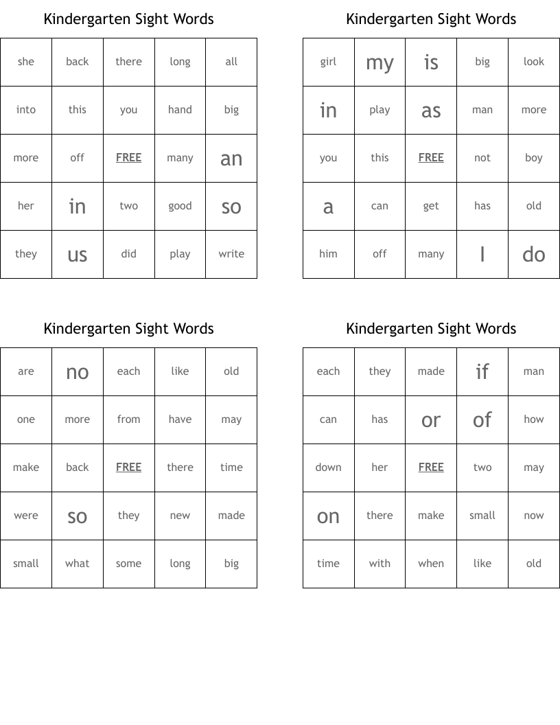 Kindergarten Sight Words Bingo Cards