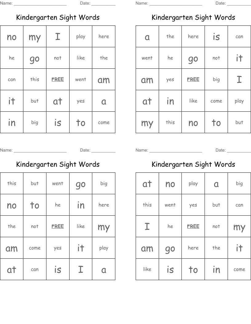 Kindergarten Sight Words Bingo Cards
