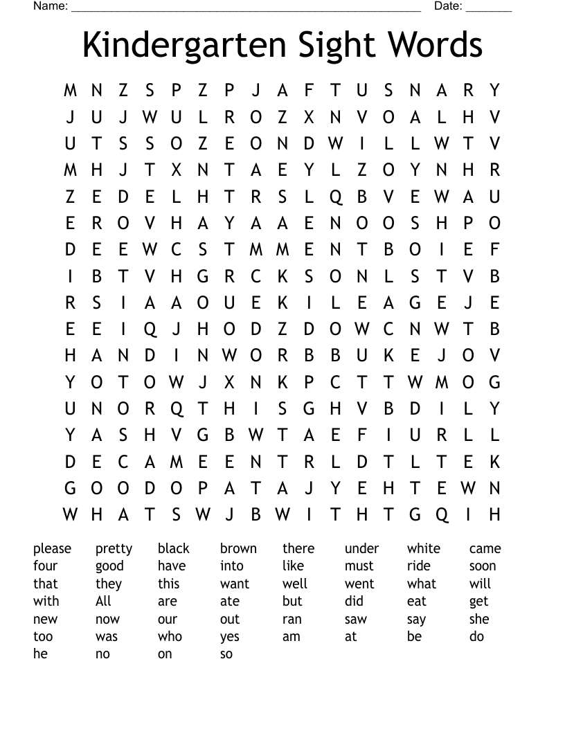 Kindergarten Sight Words Word Search