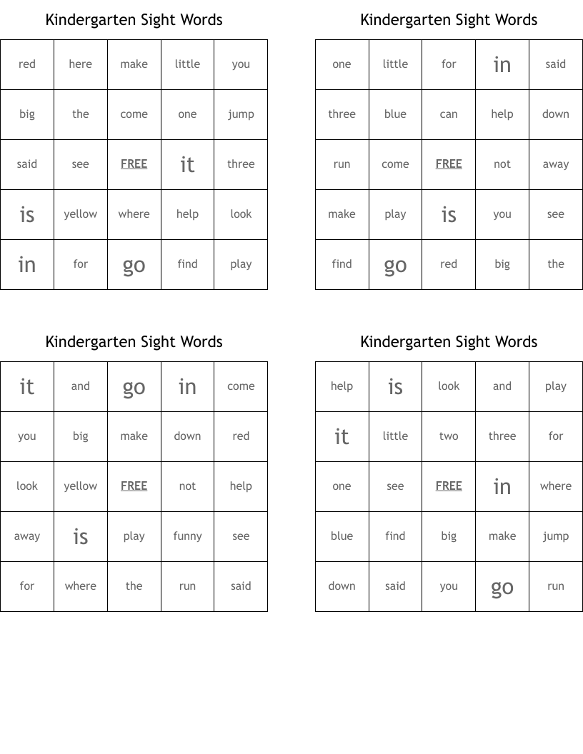 Kindergarten Sight Words Bingo Cards