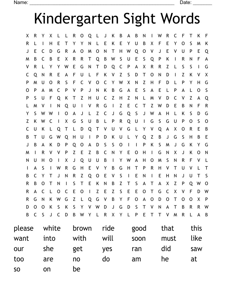 Kindergarten Sight Words Word Search