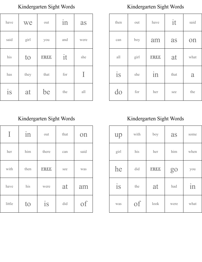 Kindergarten Sight Words Bingo Cards
