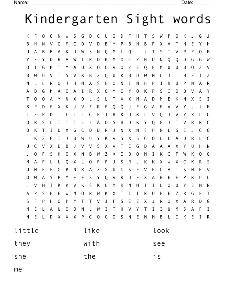 Kindergarten Sight words Word Search