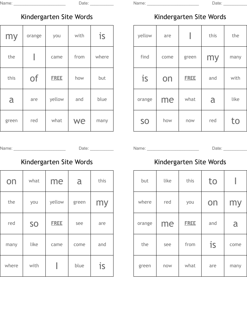 Kindergarten Site Words Bingo Cards