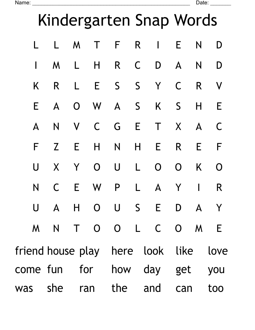 Kindergarten Snap Words Word Search