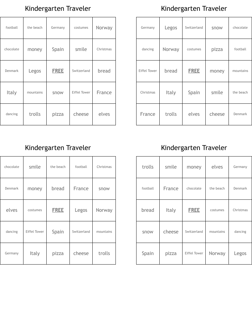 Kindergarten Traveler Bingo Cards