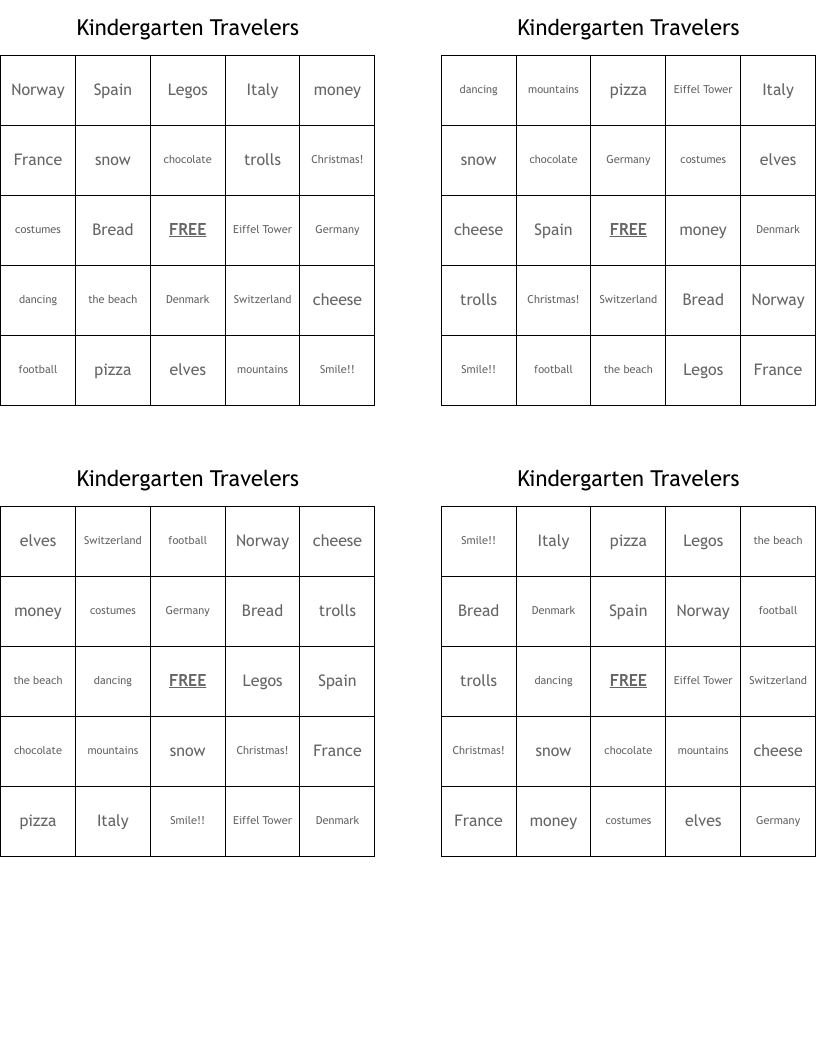 Kindergarten Travelers Bingo Cards