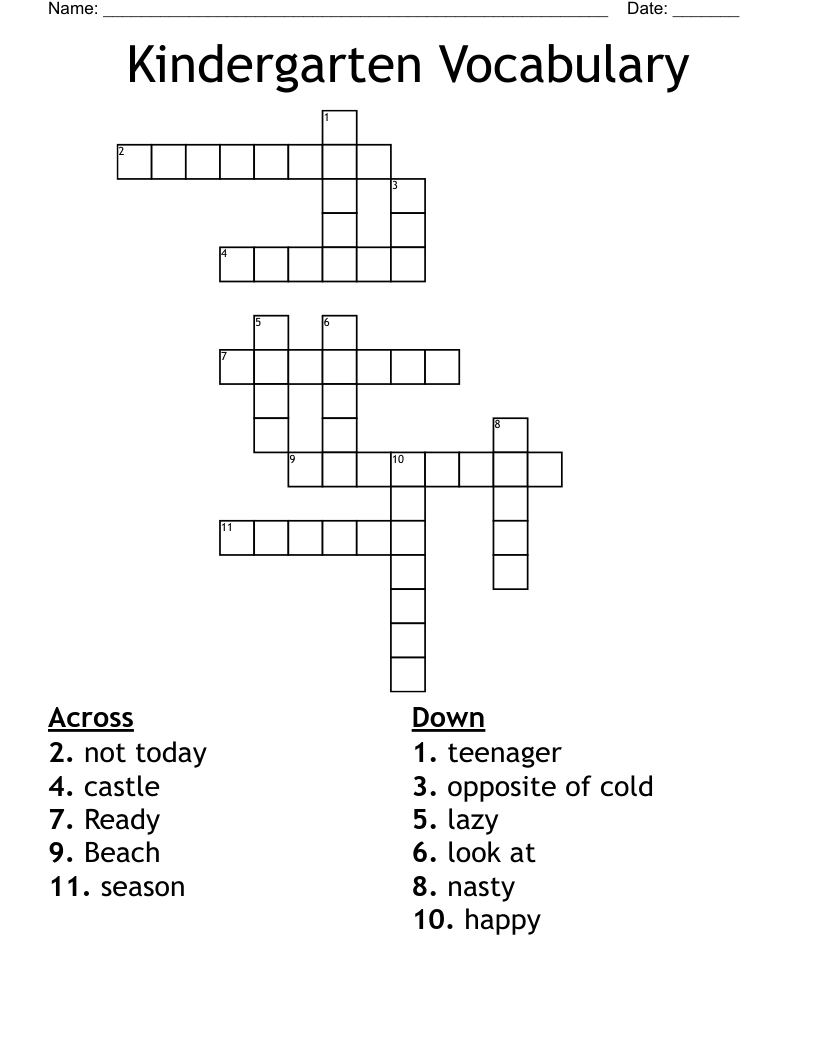 Kindergarten Vocabulary Crossword