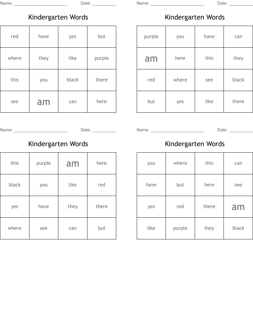 Kindergarten Words Bingo Cards
