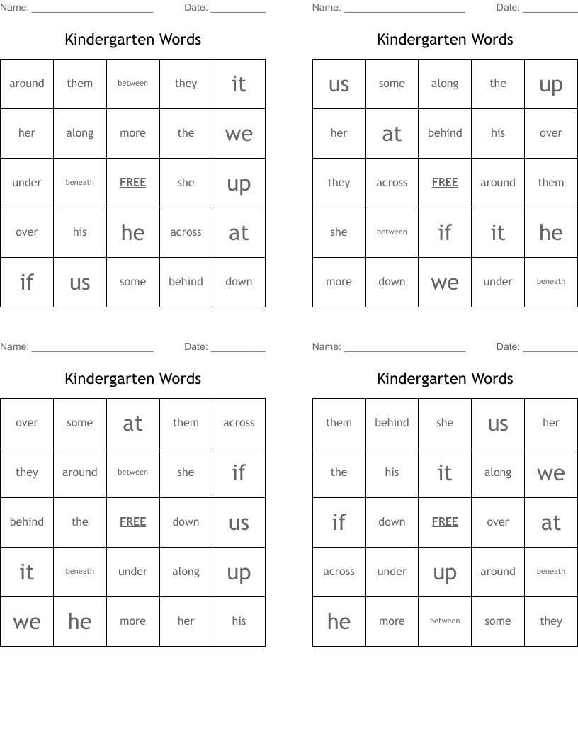 Kindergarten Words Bingo Cards