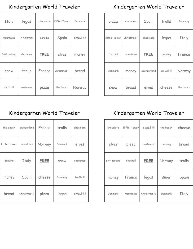 Kindergarten World Traveler Bingo Cards