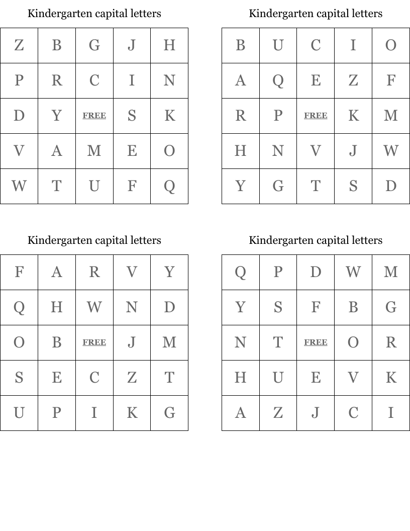 Kindergarten capital letters Bingo Cards