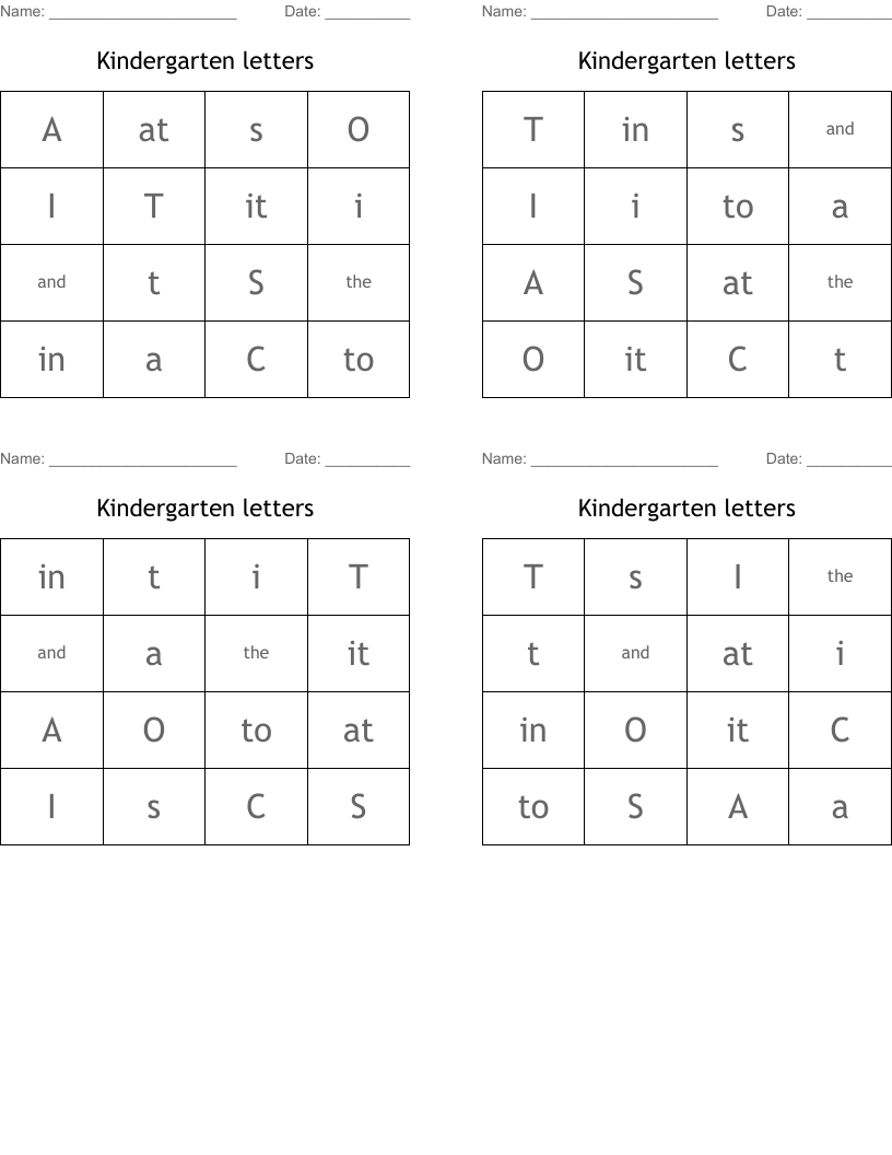 Kindergarten letters Bingo Cards