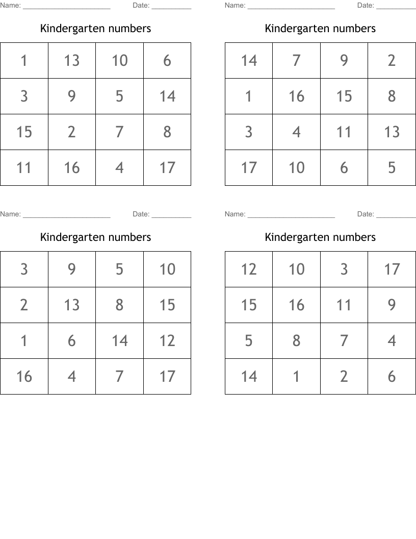 Kindergarten numbers Bingo Cards