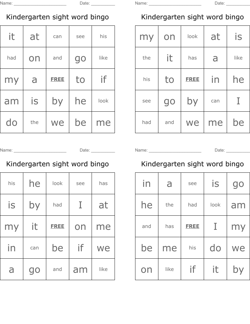 Kindergarten sight word bingo