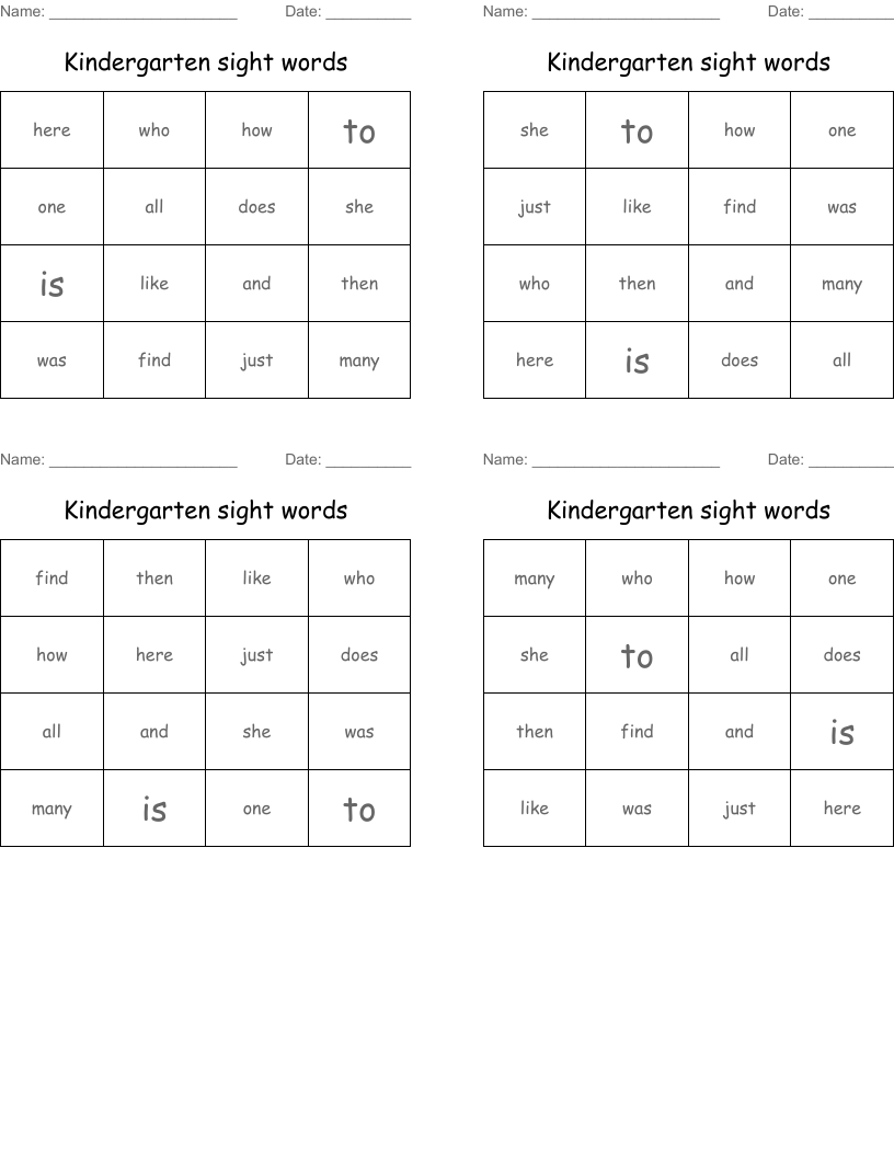 Kindergarten sight words Bingo Cards