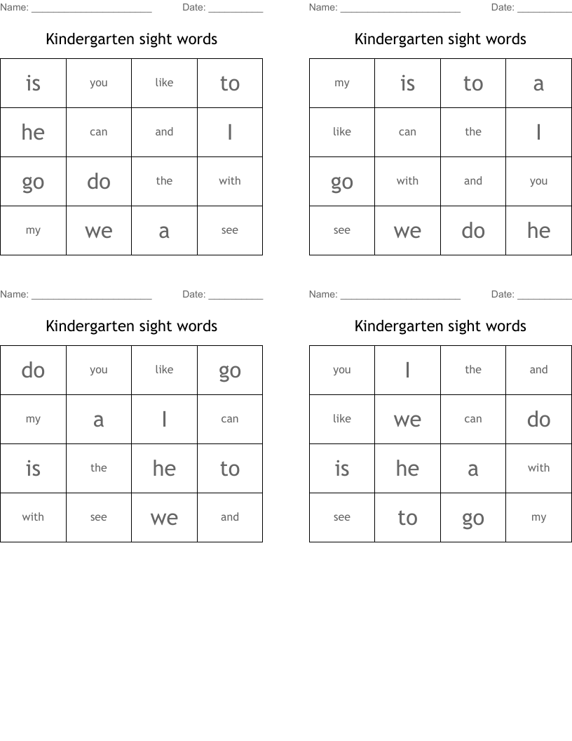Kindergarten sight words Bingo Cards