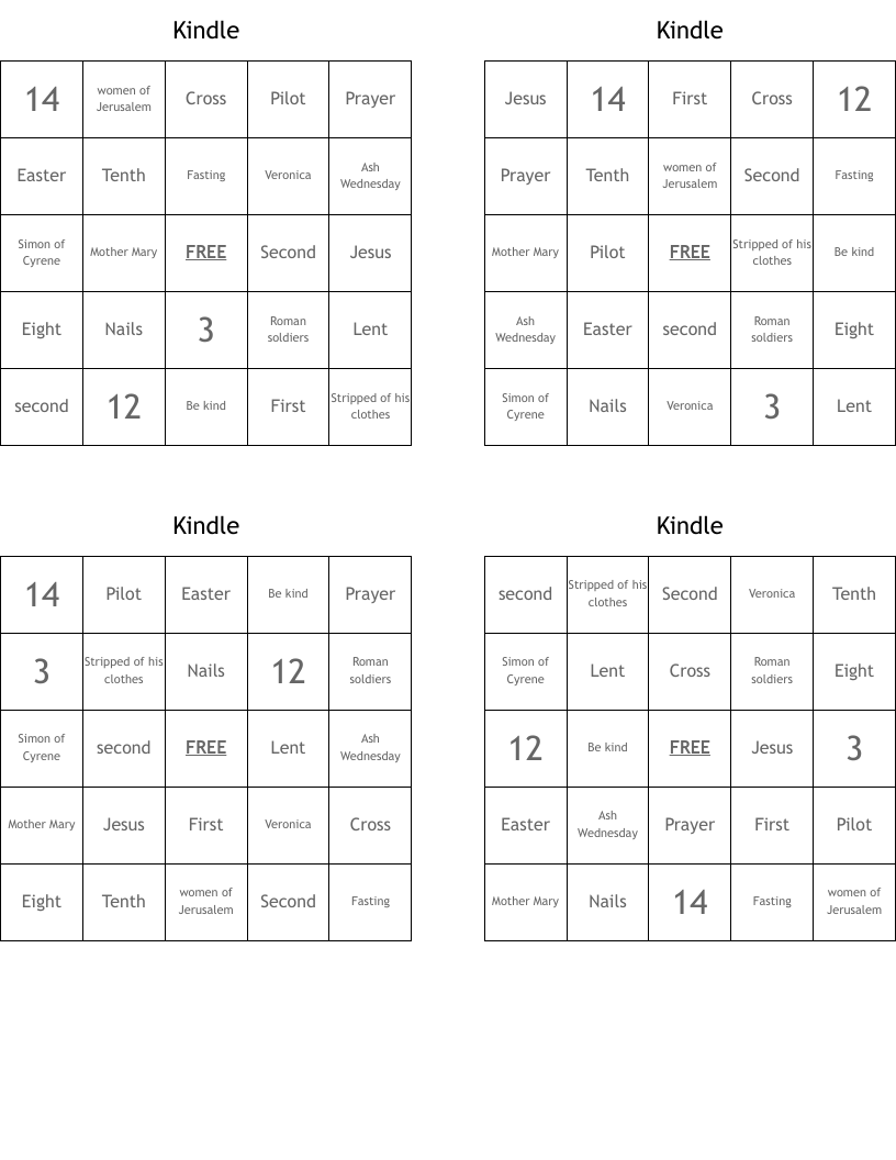 Kindle  Bingo Cards