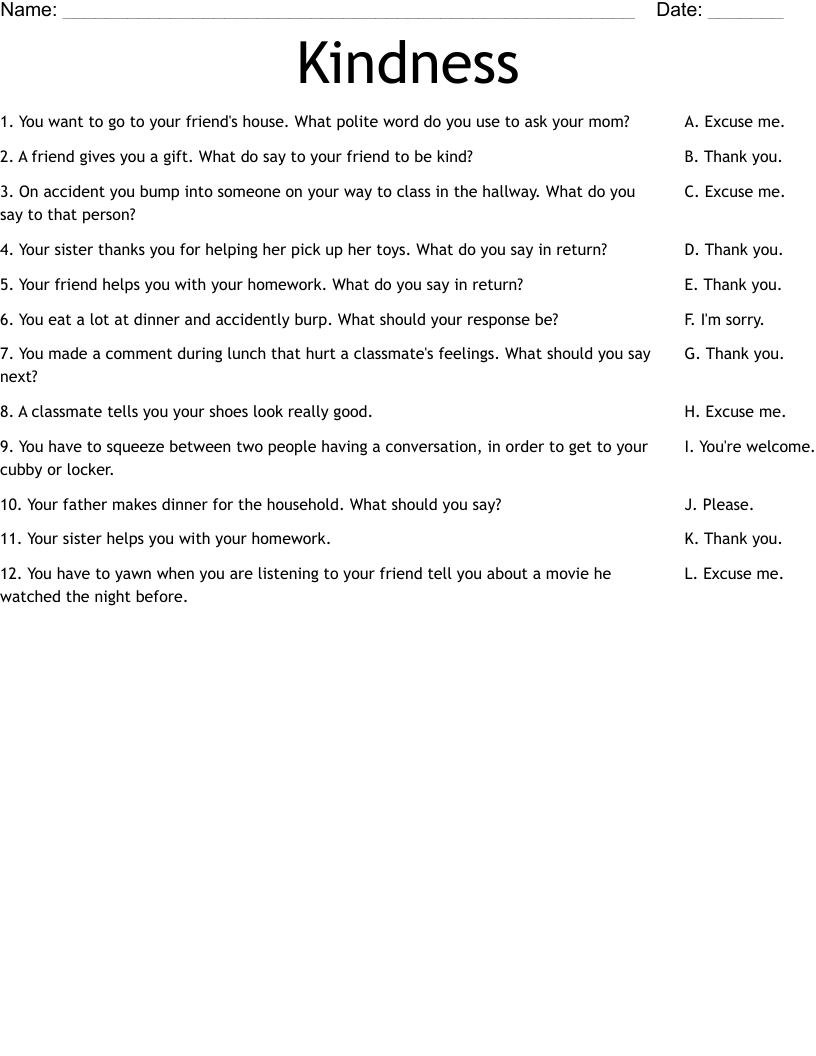 Kindness Worksheet