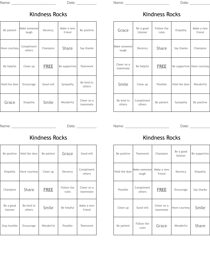 Kindness Rocks Bingo Cards