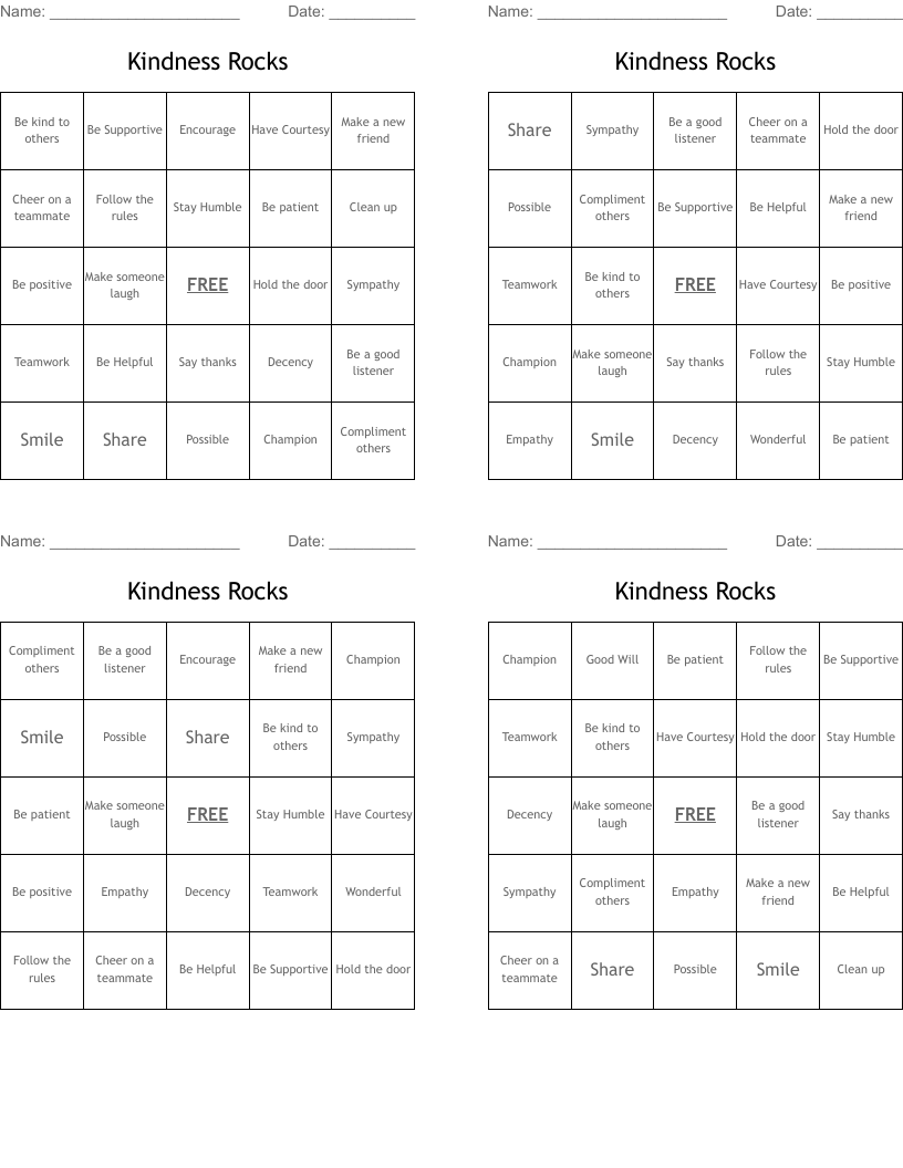 Kindness Rocks Bingo Cards