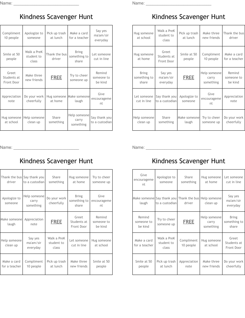 Kindness Scavenger Hunt Bingo Cards