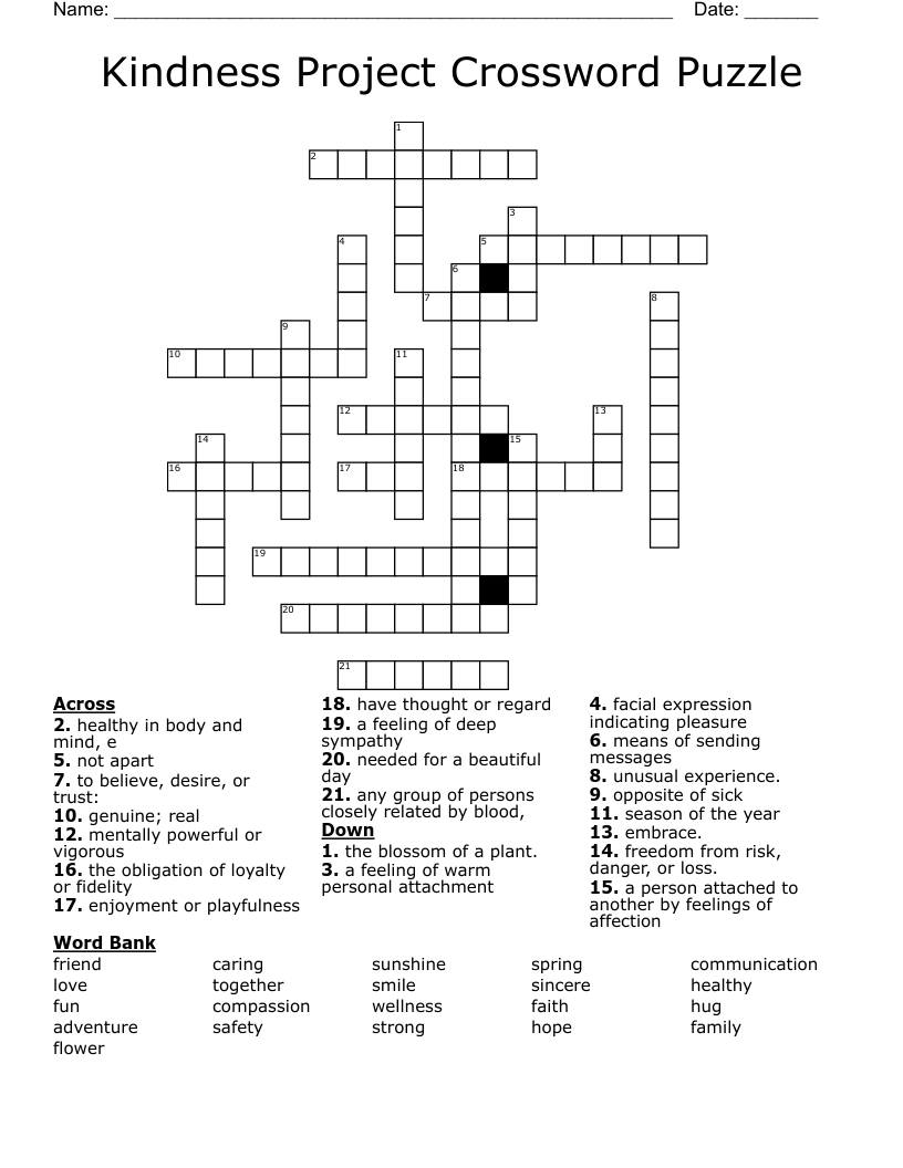 Kindness  Project Crossword Puzzle