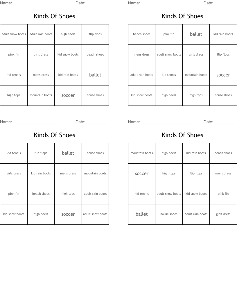 Kinds Of Shoes Bingo Cards