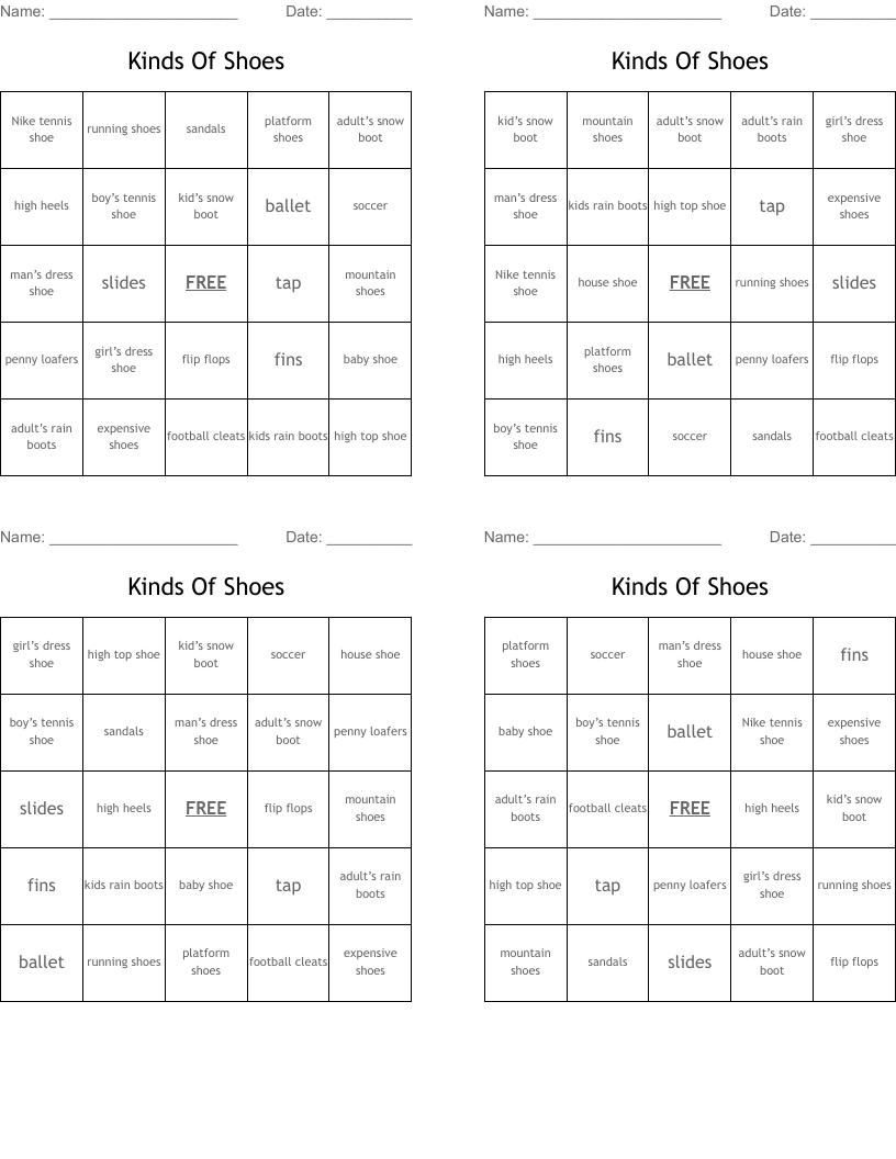 Kinds Of Shoes Bingo Cards