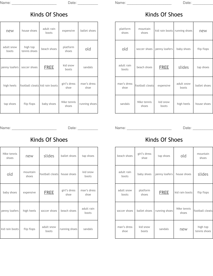 Kinds Of Shoes Bingo Cards