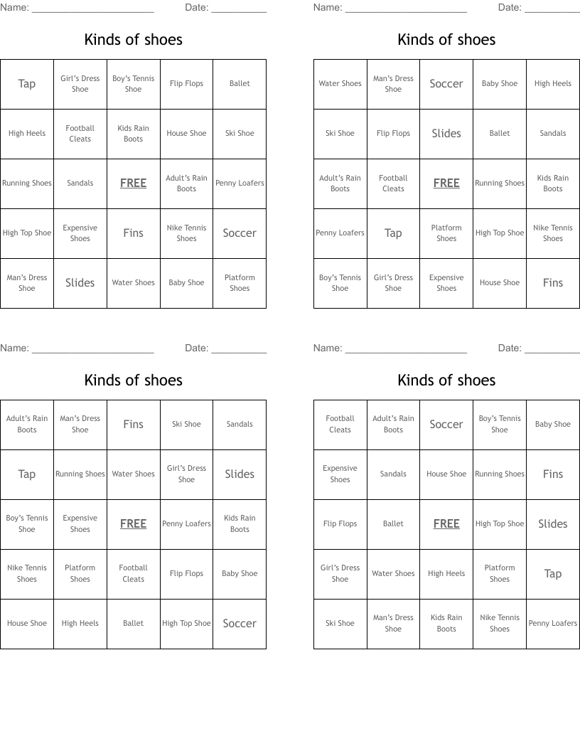 Kinds of shoes  Bingo Cards