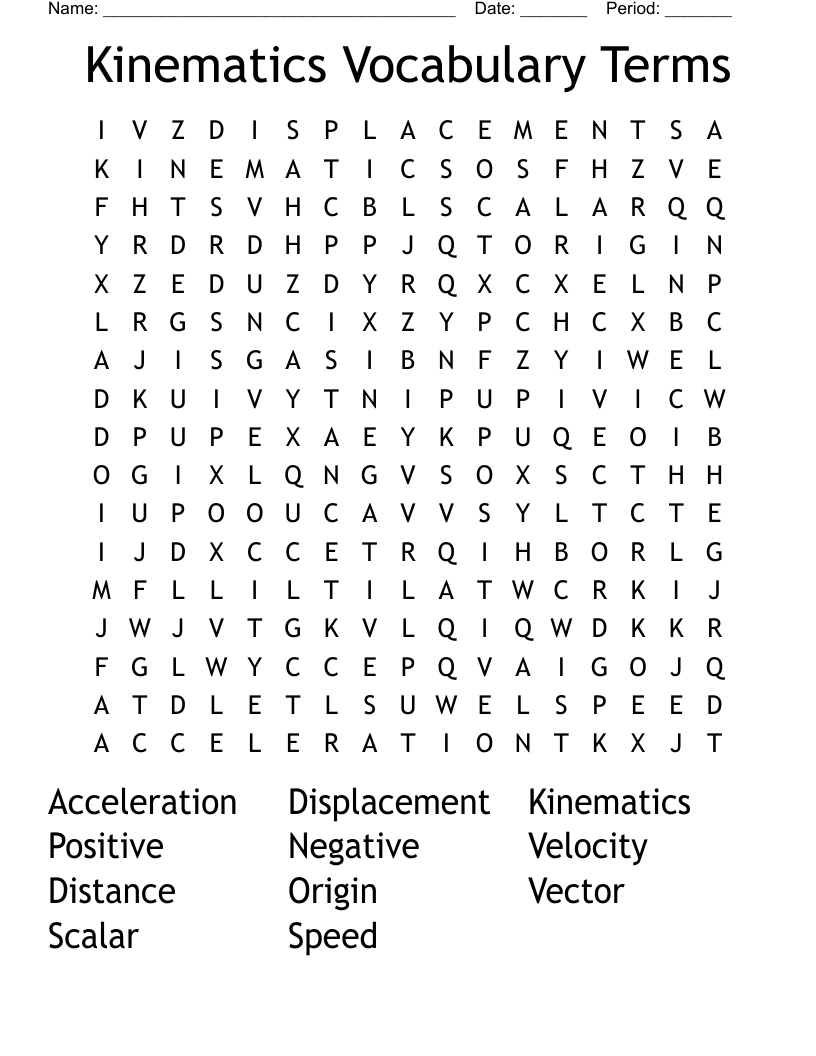 Kinematics Vocabulary Terms Word Search