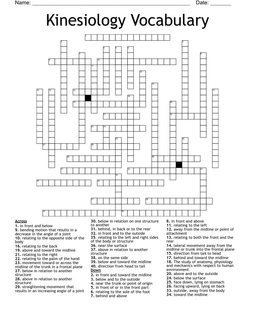 Kinesiology Vocabulary Crossword