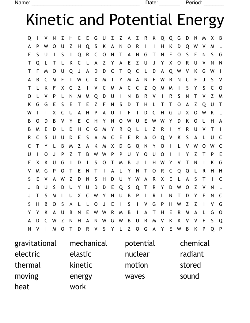 Kinetic and Potential Energy Word Search