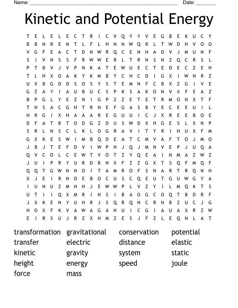 Kinetic and Potential Energy Word Search