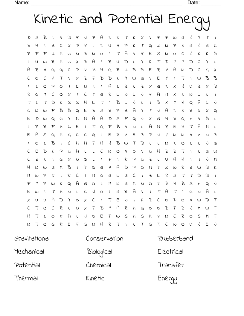 Kinetic and Potential Energy  Word Search
