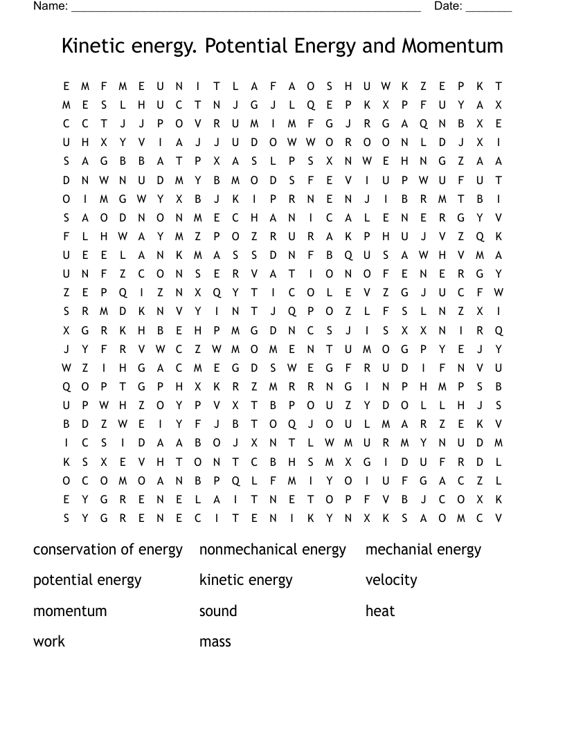 Kinetic energy. Potential Energy and Momentum  Word Search