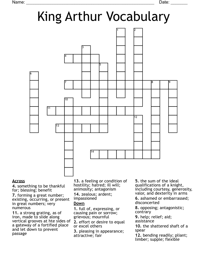 King Arthur Vocabulary Crossword