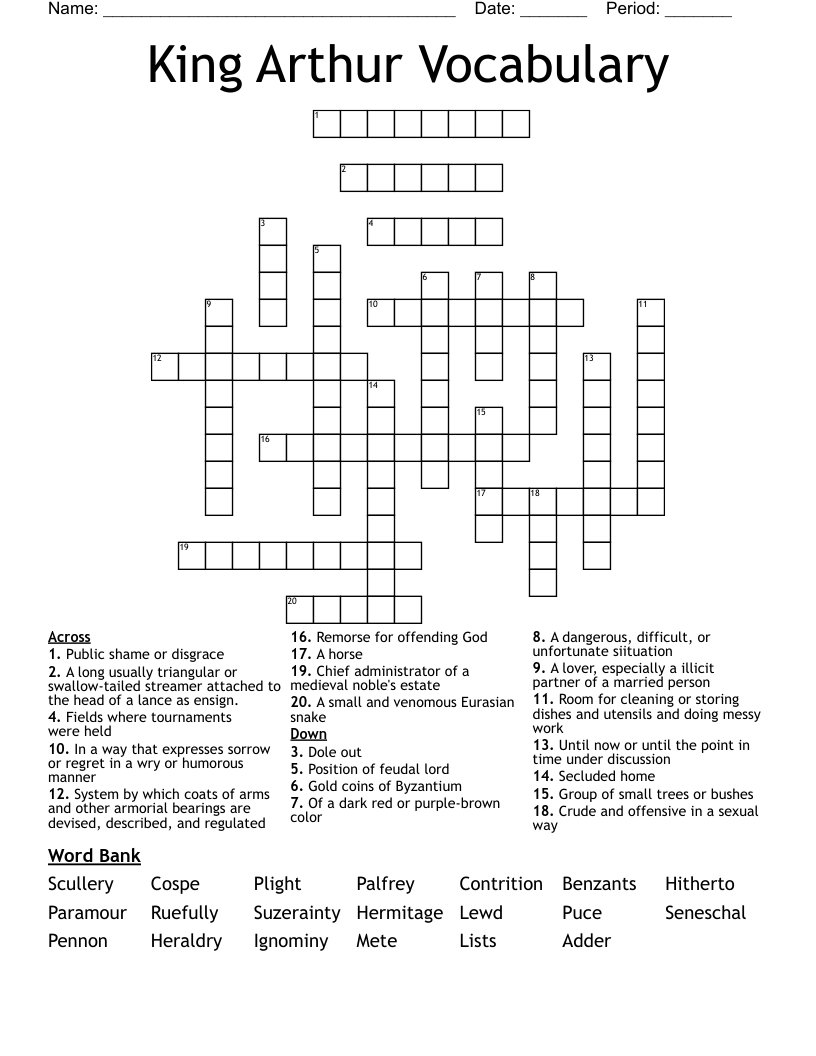 King Arthur Vocabulary Crossword