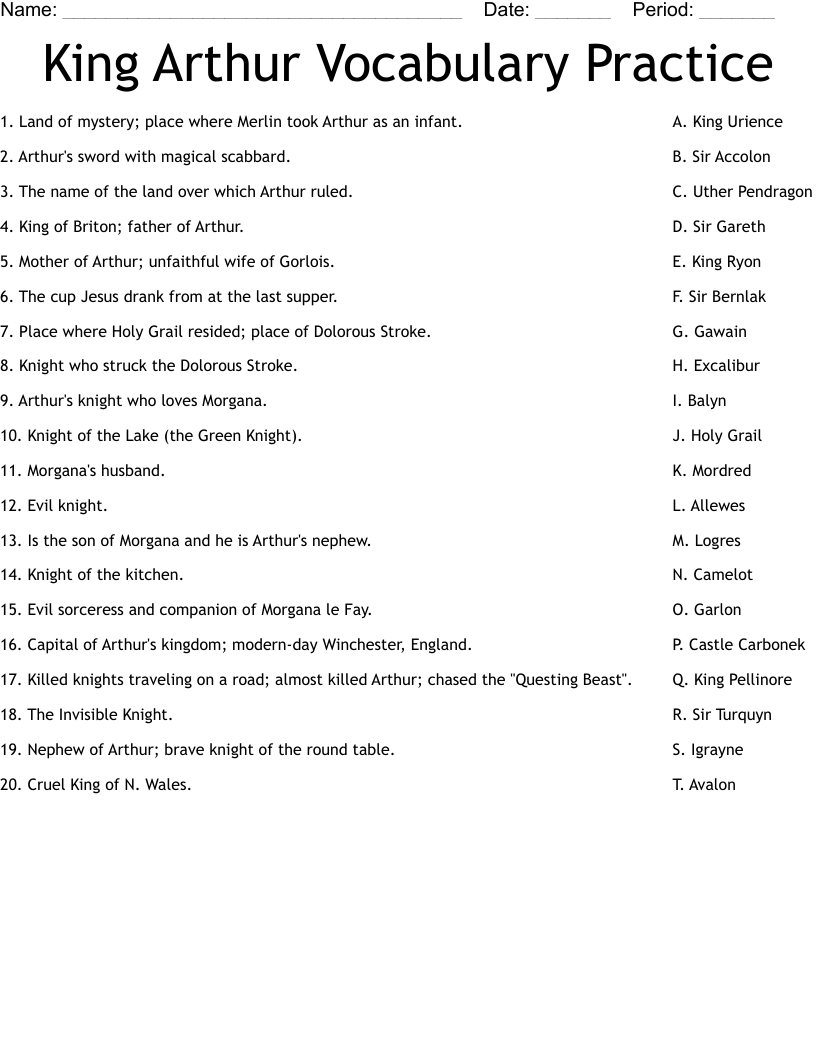 King Arthur Vocabulary Practice Worksheet