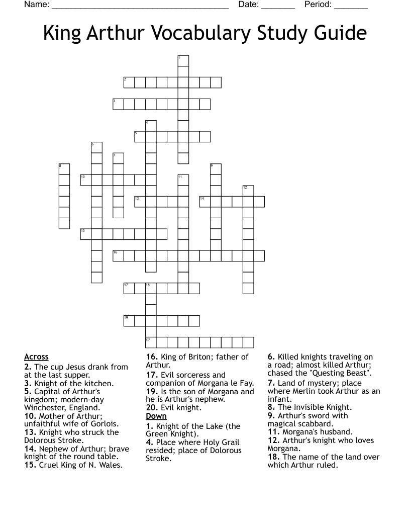 King Arthur Vocabulary Study Guide Crossword